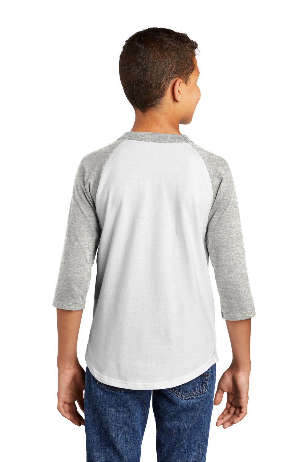 Sport-Tek YT200 Youth 3/4 Sleeve Crewneck T-Shirt White/Heather Grey Model Back