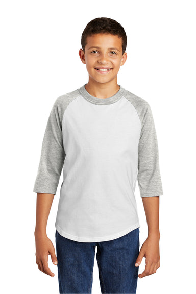 Sport-Tek YT200 Youth 3/4 Sleeve Crewneck T-Shirt White/Heather Grey Model Front