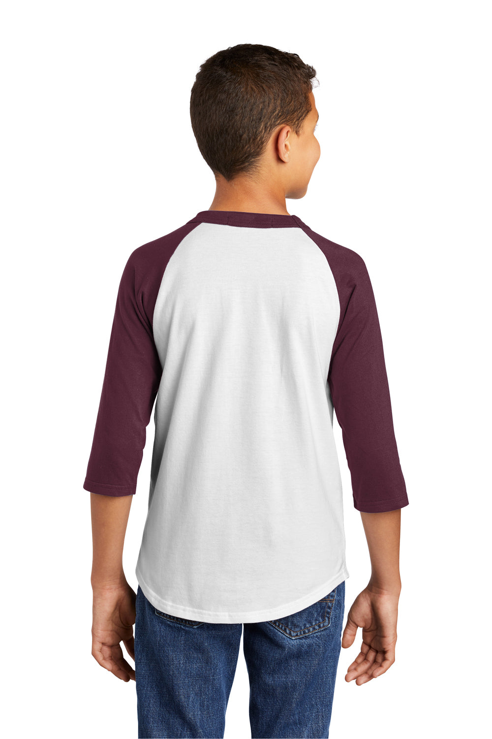 Sport-Tek YT200 Youth 3/4 Sleeve Crewneck T-Shirt White/Maroon Model Back