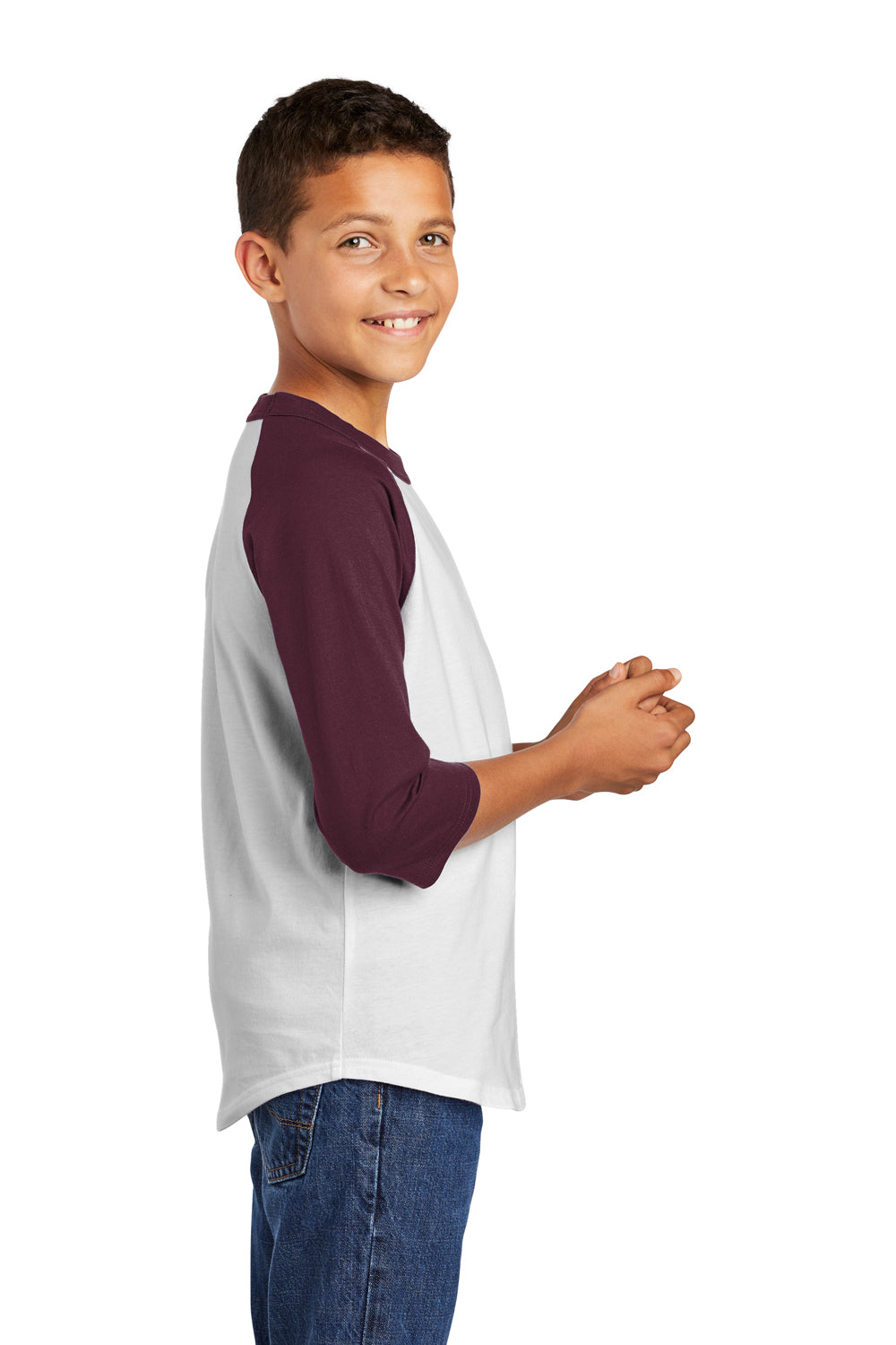 Sport-Tek YT200 Youth 3/4 Sleeve Crewneck T-Shirt White/Maroon Model Side