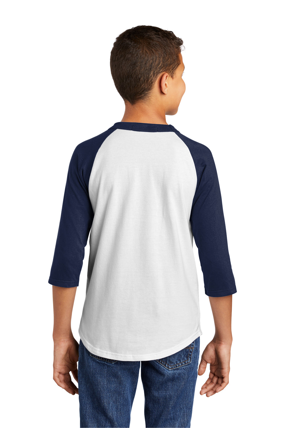 Sport-Tek YT200 Youth 3/4 Sleeve Crewneck T-Shirt White/Navy Blue Model Back