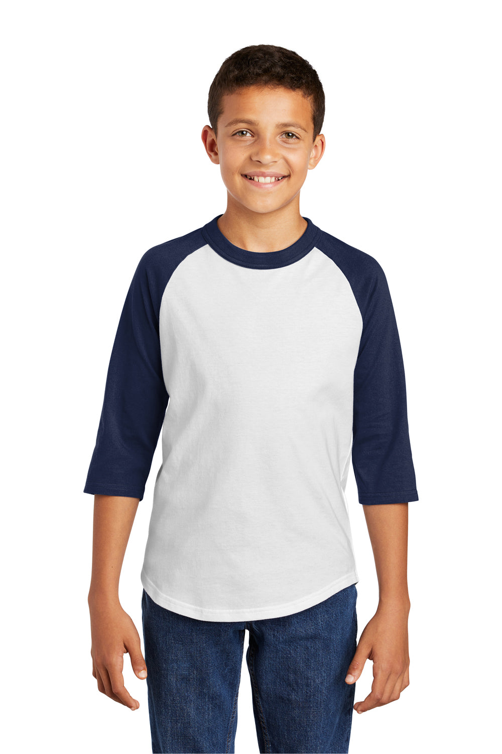 Sport-Tek YT200 Youth 3/4 Sleeve Crewneck T-Shirt White/Navy Blue Model Front