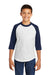 Sport-Tek YT200 Youth 3/4 Sleeve Crewneck T-Shirt White/Navy Blue Model Front