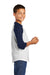 Sport-Tek YT200 Youth 3/4 Sleeve Crewneck T-Shirt White/Navy Blue Model Side