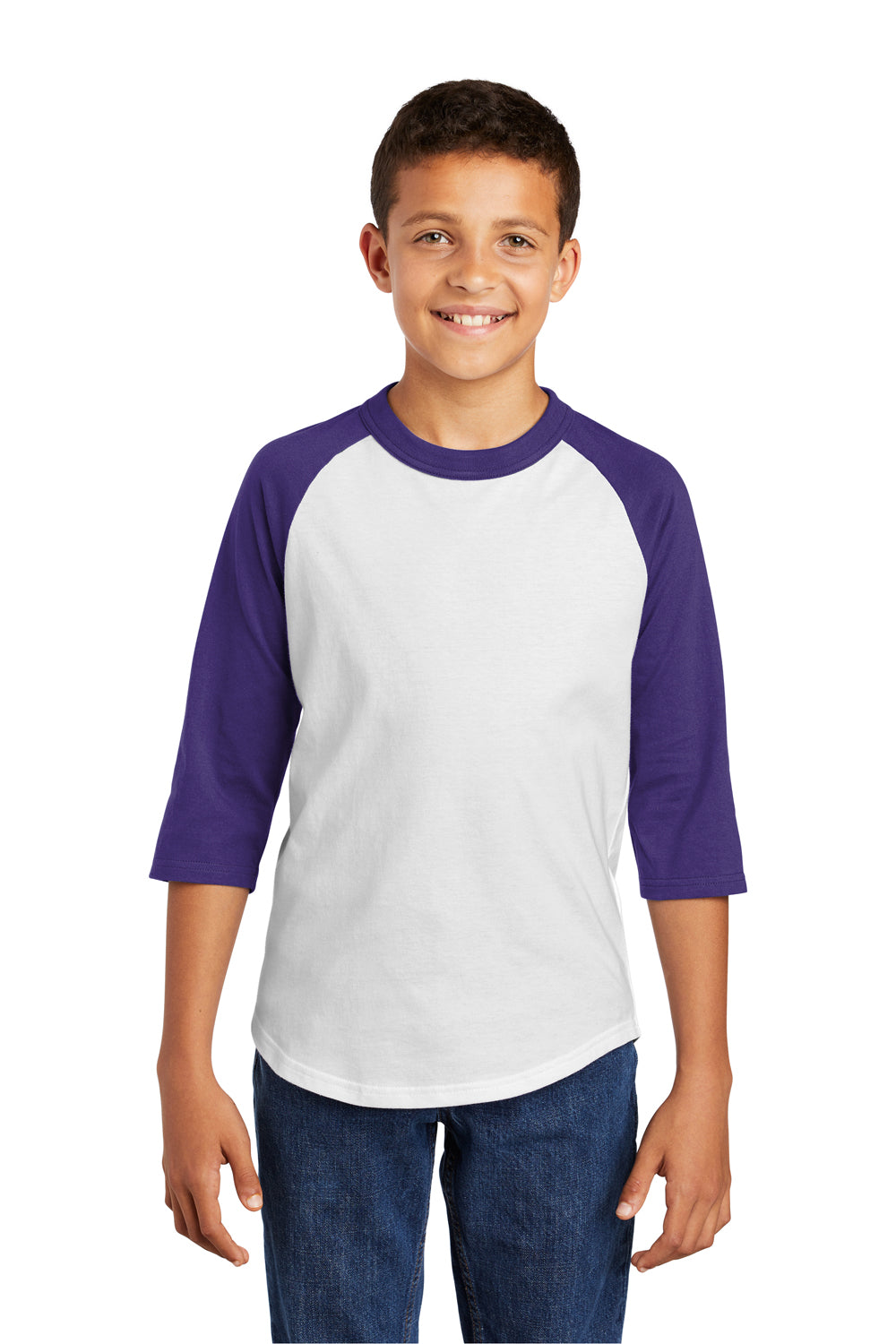 Sport-Tek YT200 Youth 3/4 Sleeve Crewneck T-Shirt White/Purple Model Front