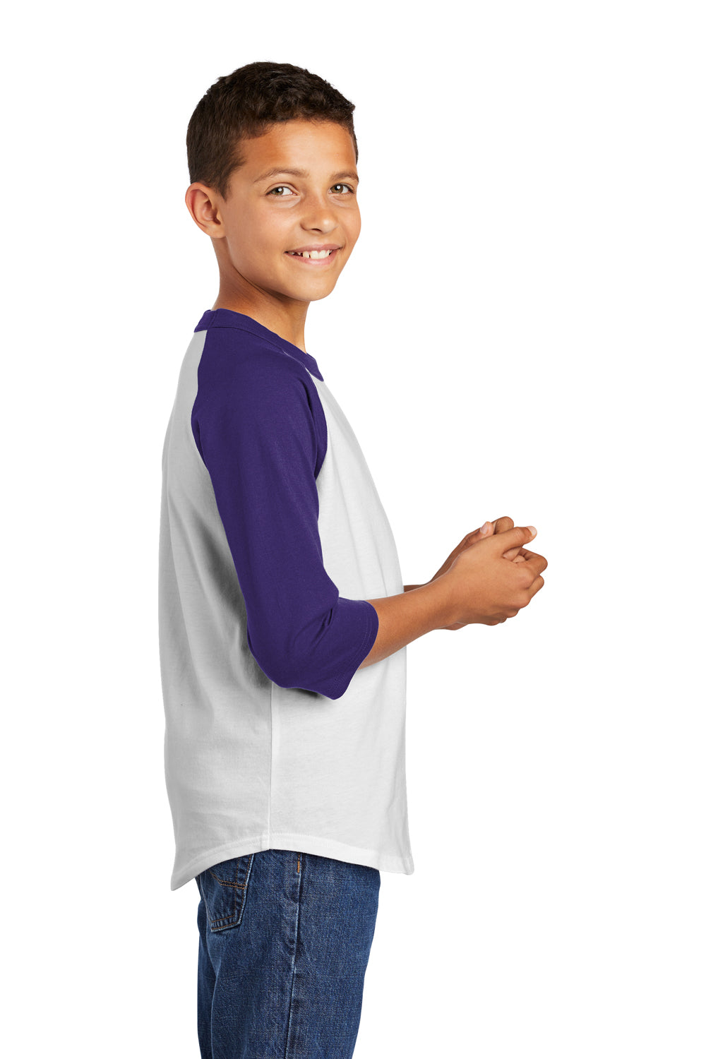 Sport-Tek YT200 Youth 3/4 Sleeve Crewneck T-Shirt White/Purple Model Side