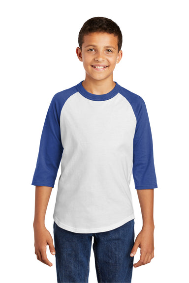 Sport-Tek YT200 Youth 3/4 Sleeve Crewneck T-Shirt White/Royal Blue Model Front