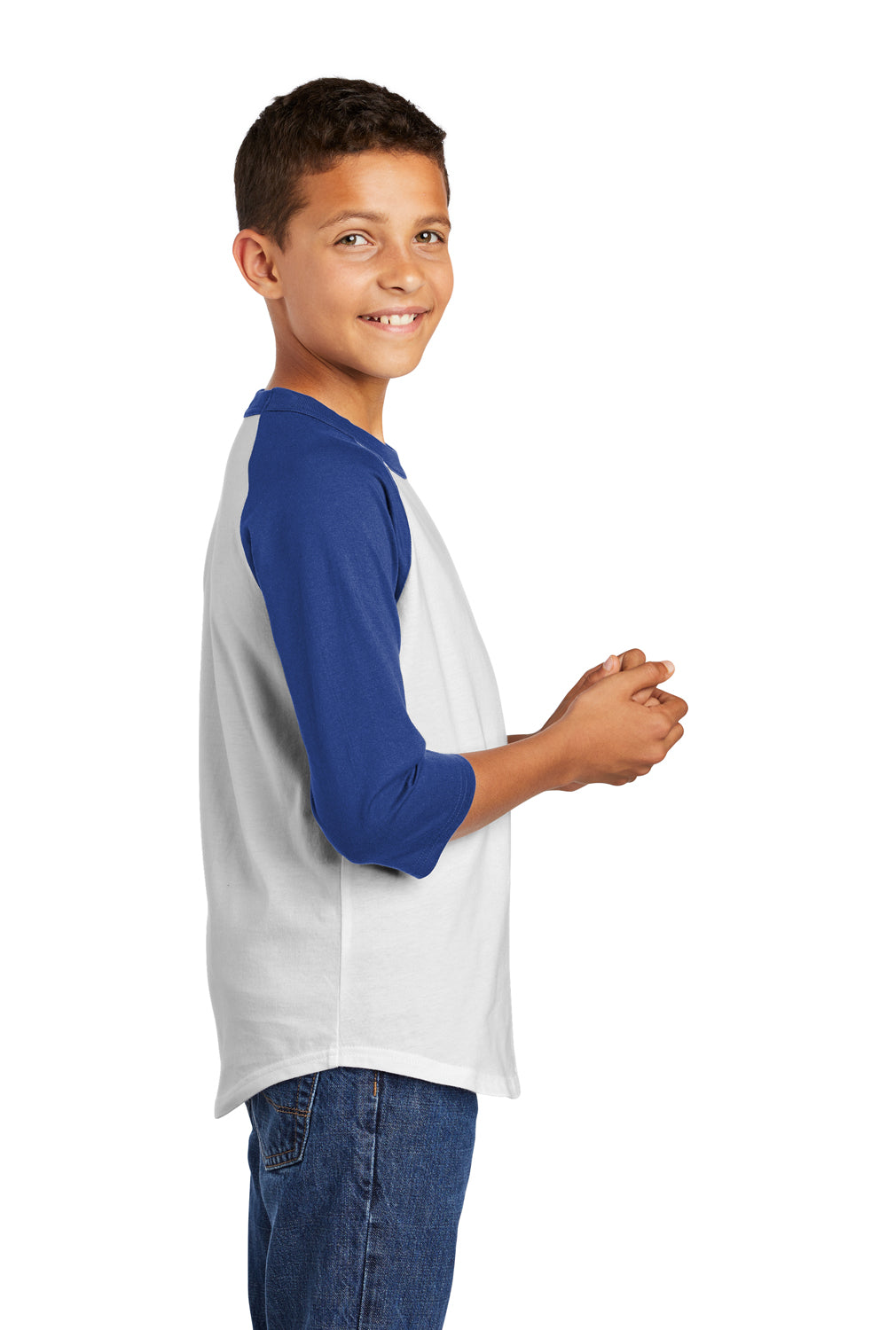 Sport-Tek YT200 Youth 3/4 Sleeve Crewneck T-Shirt White/Royal Blue Model Side