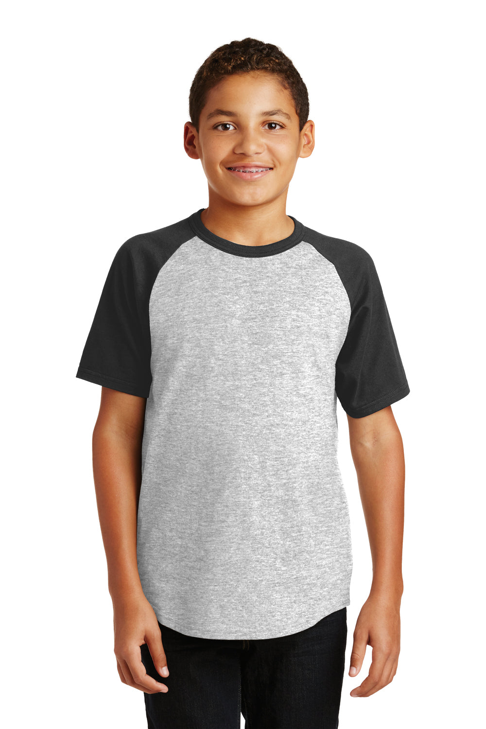 Sport-Tek YT201 Youth Short Sleeve Crewneck T-Shirt Heather Grey/Black Model Front