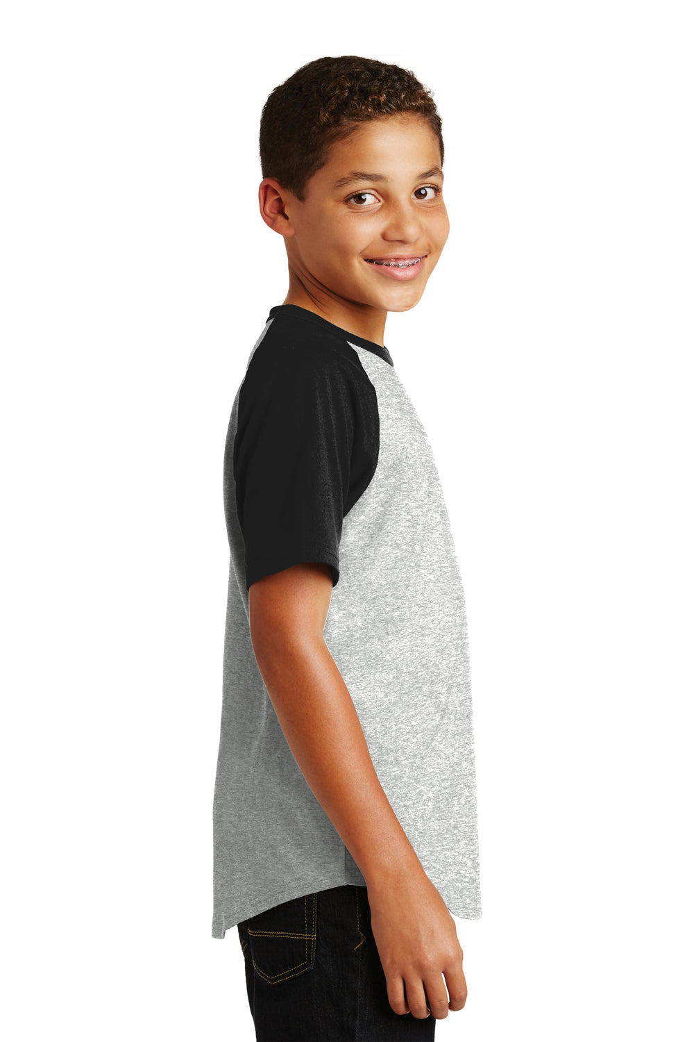 Sport-Tek YT201 Youth Short Sleeve Crewneck T-Shirt Heather Grey/Black Model Side