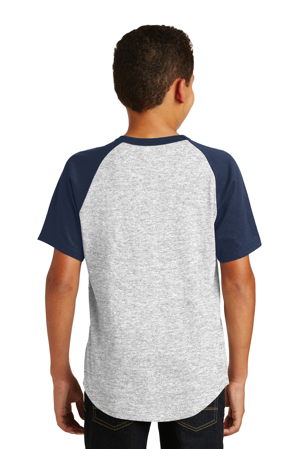 Sport-Tek YT201 Youth Short Sleeve Crewneck T-Shirt Heather Grey/Navy Blue Model Back