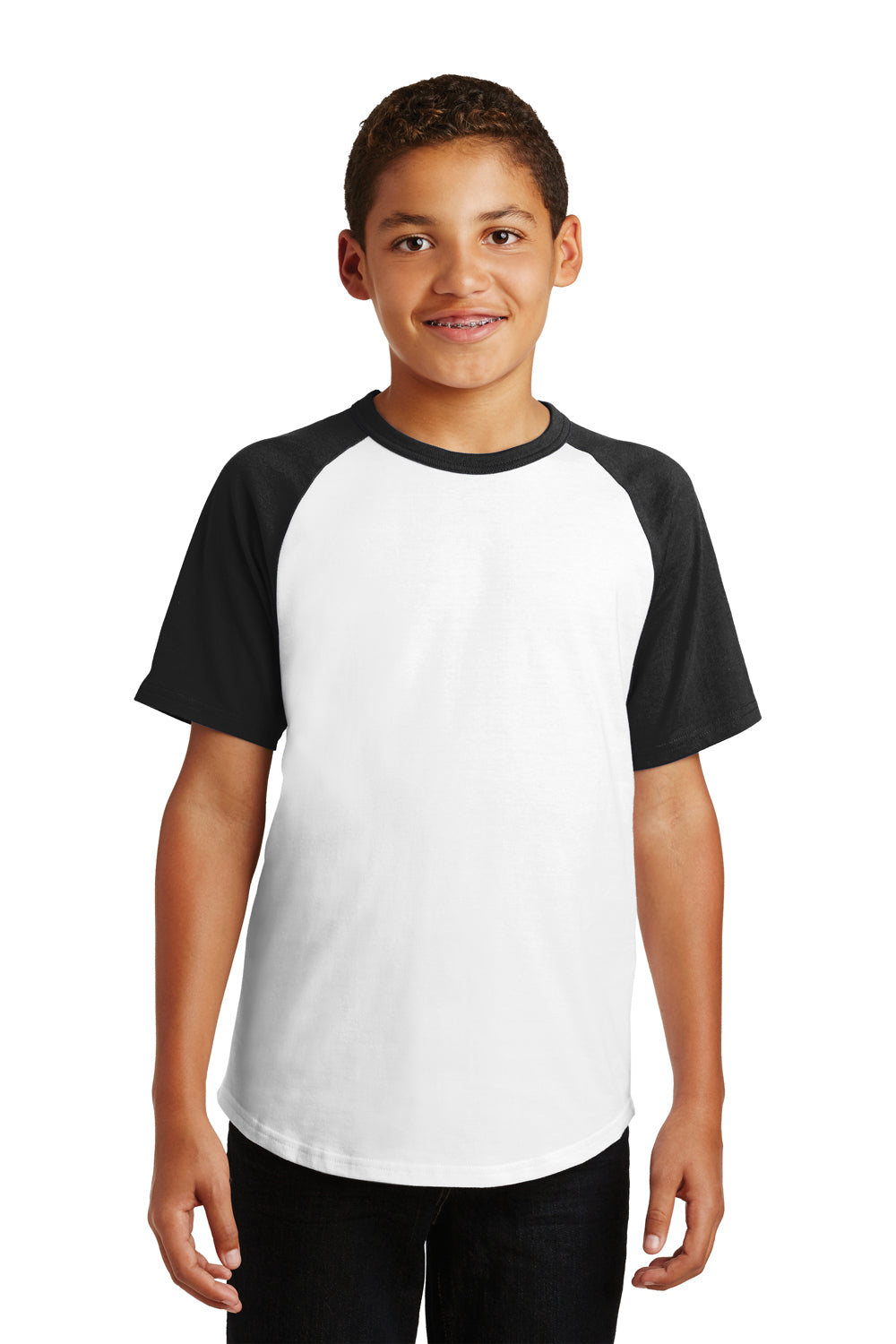 Sport-Tek YT201 Youth Short Sleeve Crewneck T-Shirt White/Black Model Front