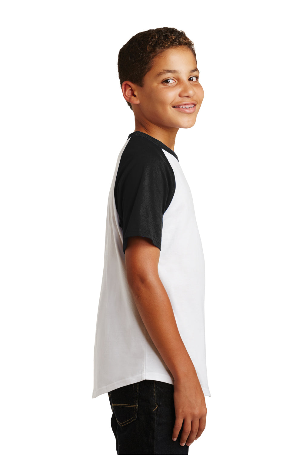 Sport-Tek YT201 Youth Short Sleeve Crewneck T-Shirt White/Black Model Side