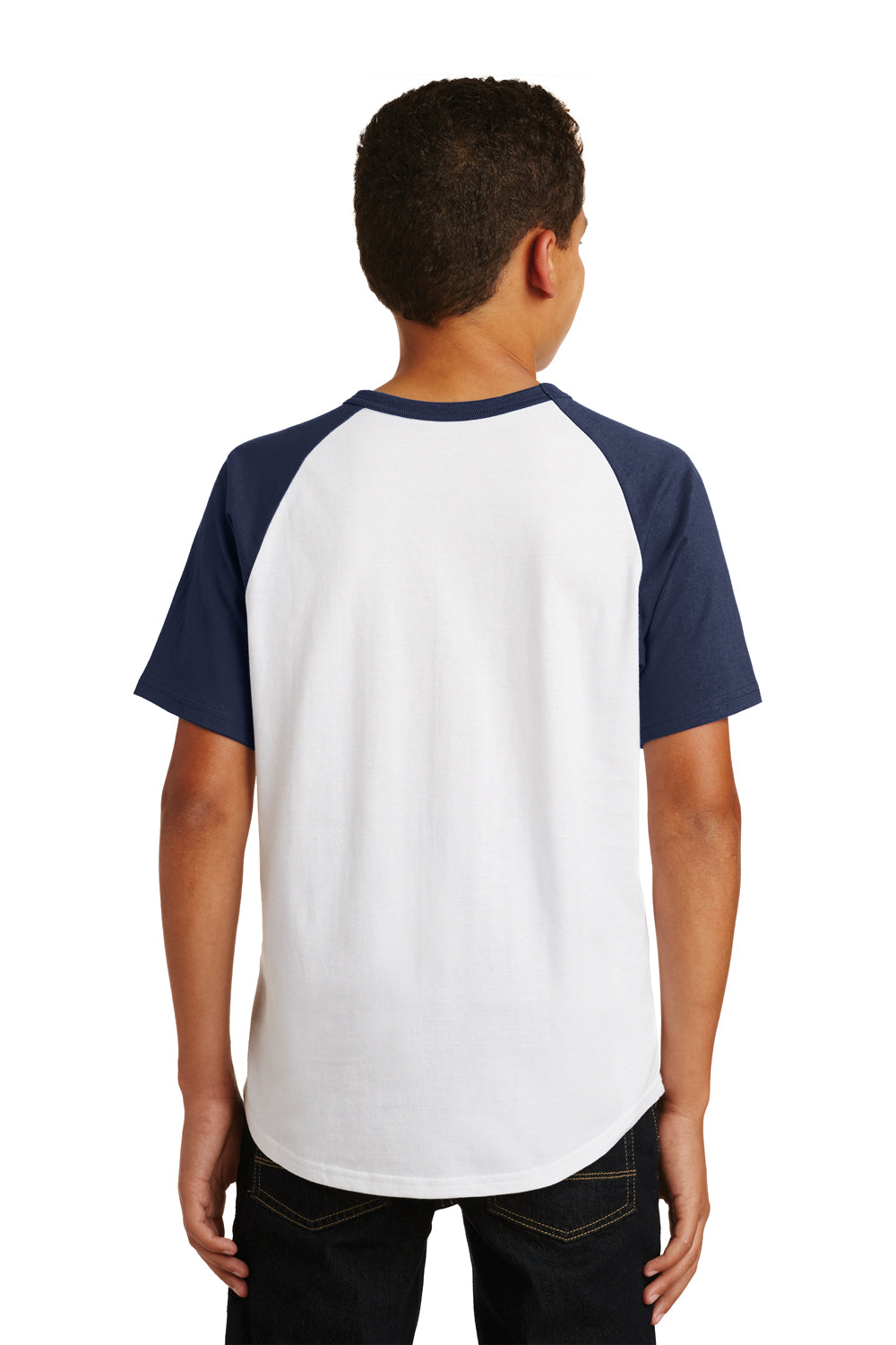 Sport-Tek YT201 Youth Short Sleeve Crewneck T-Shirt White/Navy Blue Model Back