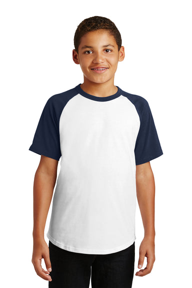 Sport-Tek YT201 Youth Short Sleeve Crewneck T-Shirt White/Navy Blue Model Front