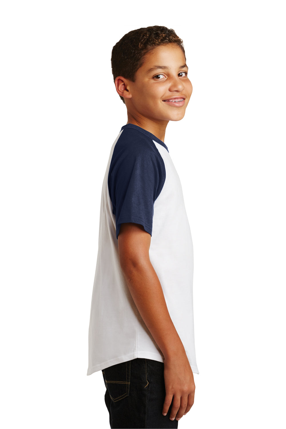 Sport-Tek YT201 Youth Short Sleeve Crewneck T-Shirt White/Navy Blue Model Side