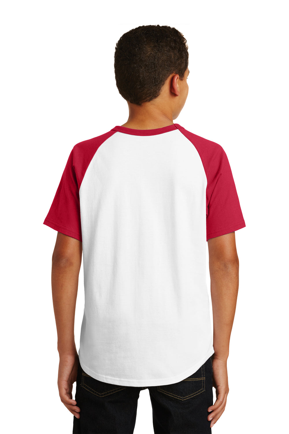 Sport-Tek YT201 Youth Short Sleeve Crewneck T-Shirt White/Red Model Back