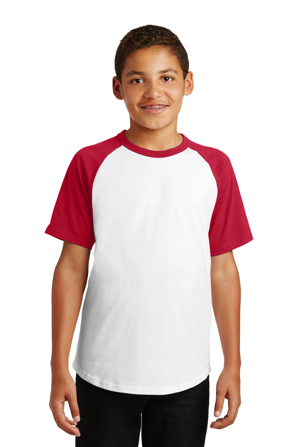 Sport-Tek YT201 Youth Short Sleeve Crewneck T-Shirt White/Red Model Front