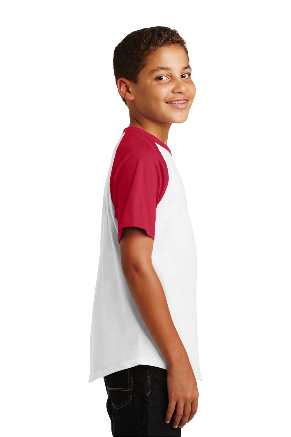 Sport-Tek YT201 Youth Short Sleeve Crewneck T-Shirt White/Red Model Side