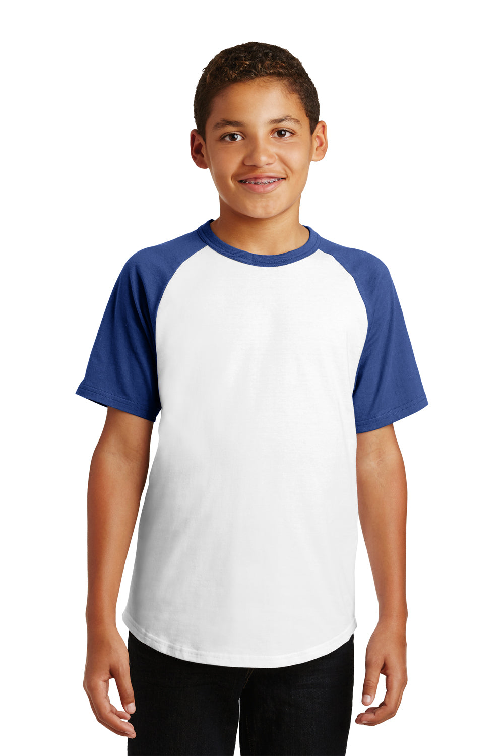 Sport-Tek YT201 Youth Short Sleeve Crewneck T-Shirt White/Royal Blue Model Front