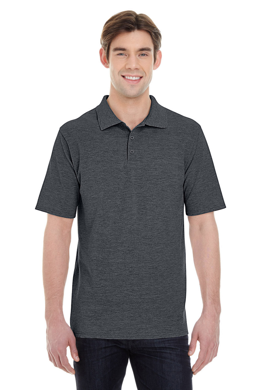 Hanes 055P Mens Heather Charcoal Grey X-Temp Fresh IQ Moisture Wicking  Short Sleeve Polo Shirt —