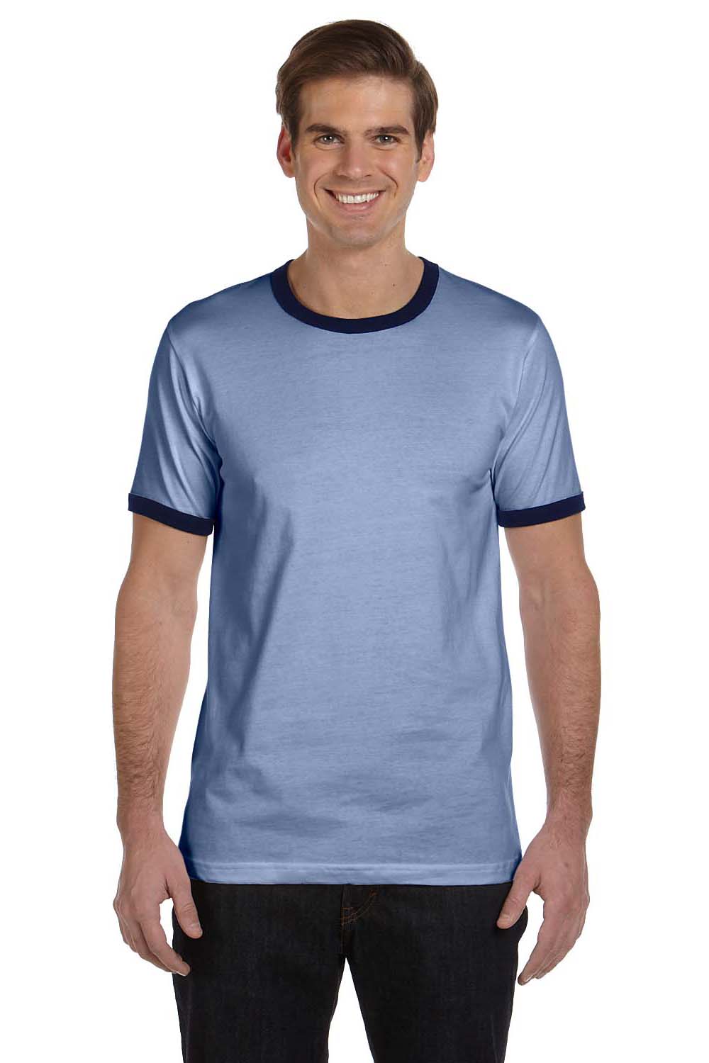 Bella + Canvas Mens Jersey Ringer Short Sleeve Crewneck T-Shirt - Heather  Blue/Navy Blue (DISCONTINUED)