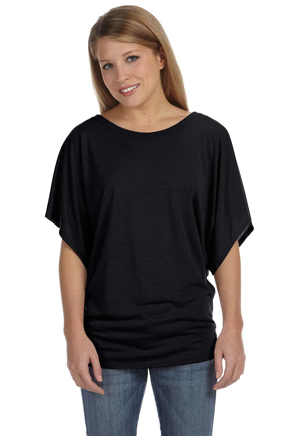 Bella + Canvas Draped Wide Flowy Neck — Sleeve Dolman Short Womens T-Shirt 8821 Black