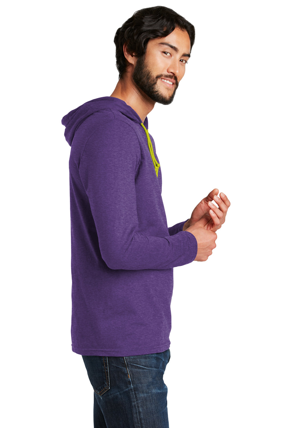 Gildan 987/987AN Mens Heather Purple/Neon Yellow Long Sleeve Hooded T-Shirt  Hoodie —