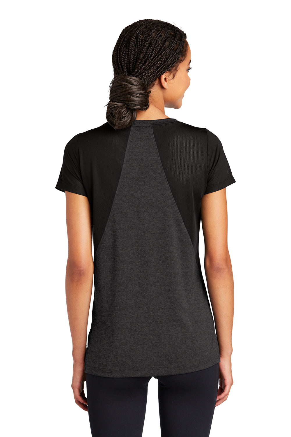 Sport-Tek Womens Endeavor Short Sleeve V-Neck T-Shirt Heather Black/Black Side