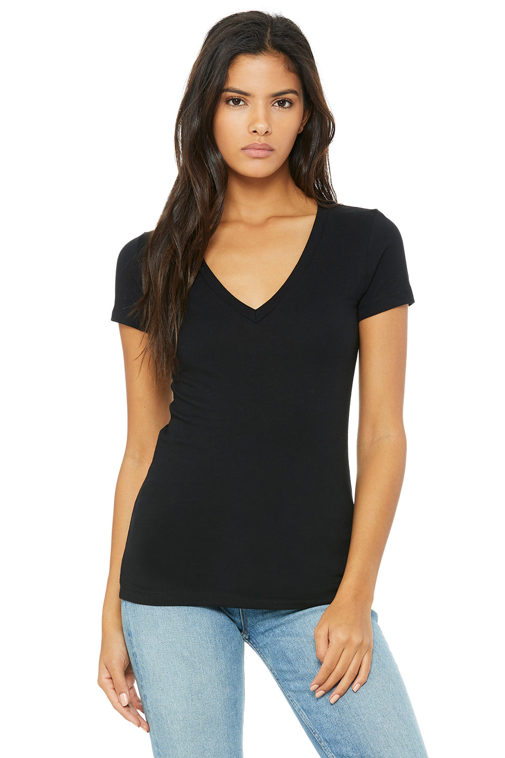 Bella + Canvas B6035/6035 Womens Black Jersey Short Sleeve Deep V