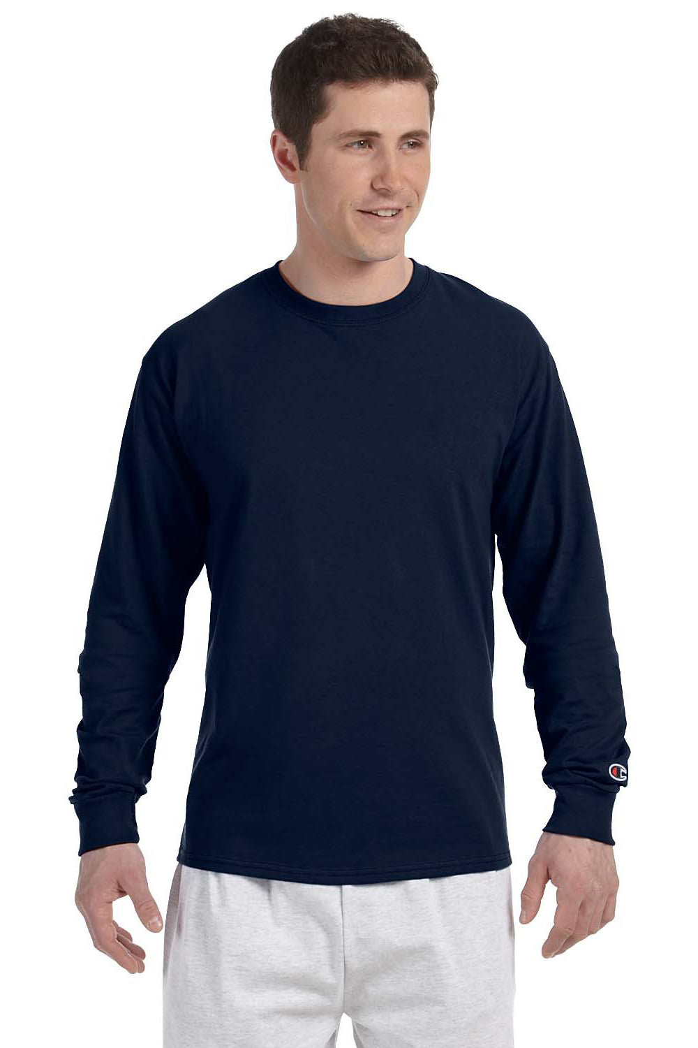 Navy Sleeve T-Shirt Champion CC8C Mens Long Crewneck — Blue