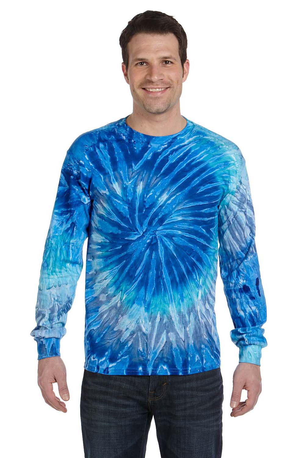 Tie-Dye CD2000 Mens Long Sleeve Crewneck T-Shirt Blue Jerry Front