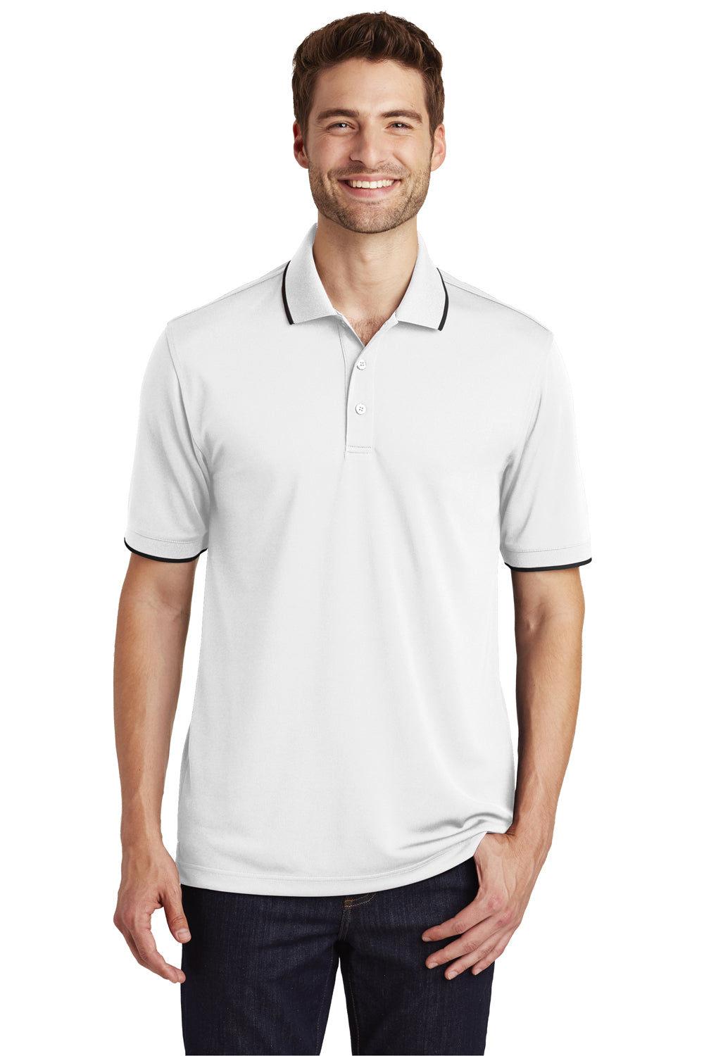 Port Authority K111 Mens Dry Zone Moisture Wicking Short Sleeve Polo Shirt White/Black Front