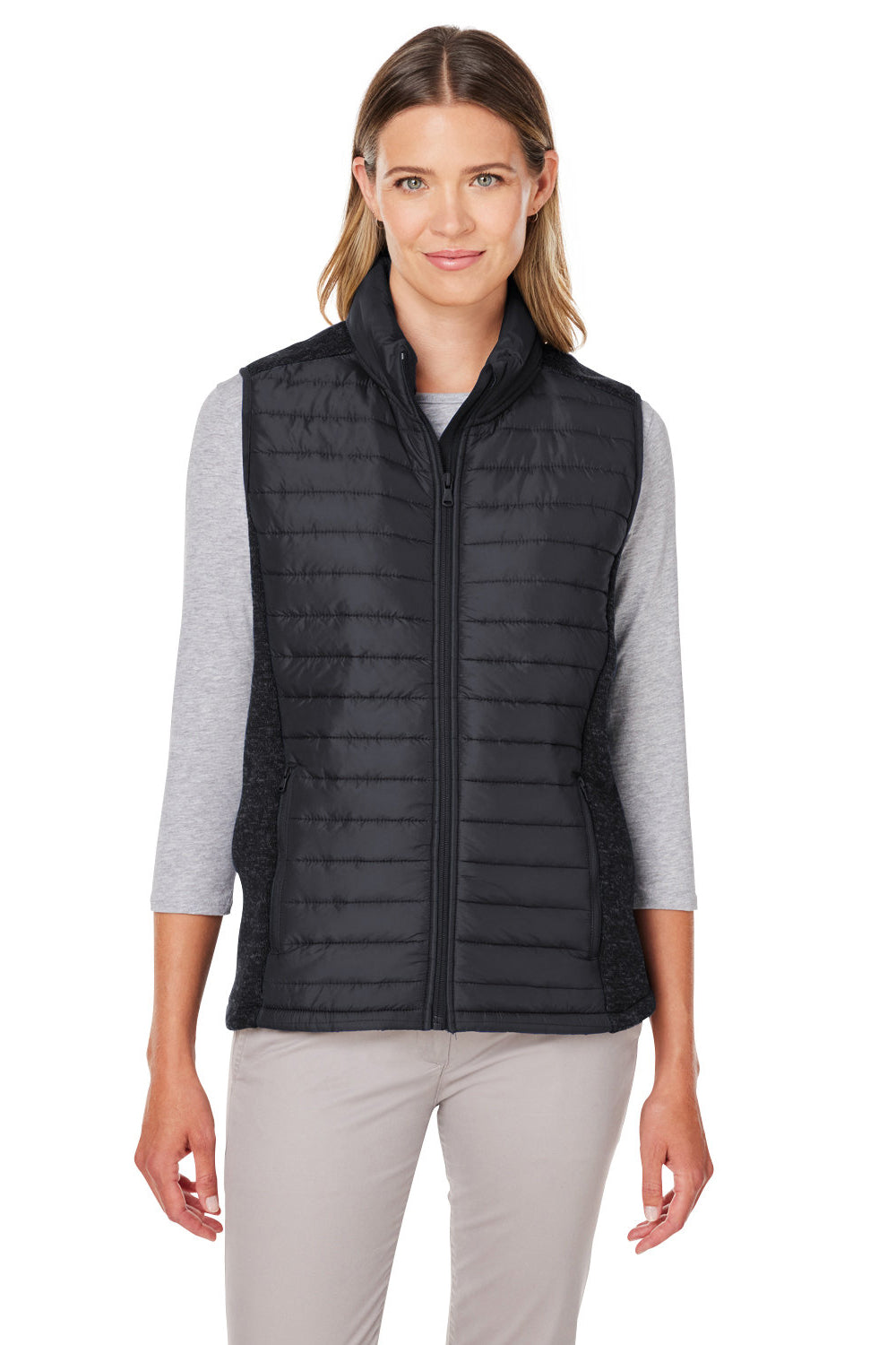 Nautica N17947 Womens Harbor Full Zip Puffer Vest Black/Heather Black Front