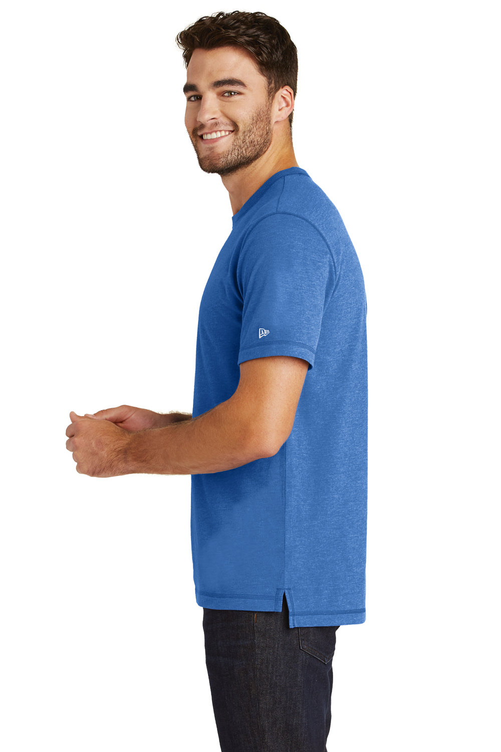 New Era NEA120 Mens Sueded Short Sleeve Crewneck T-Shirt Heather Royal Blue Side