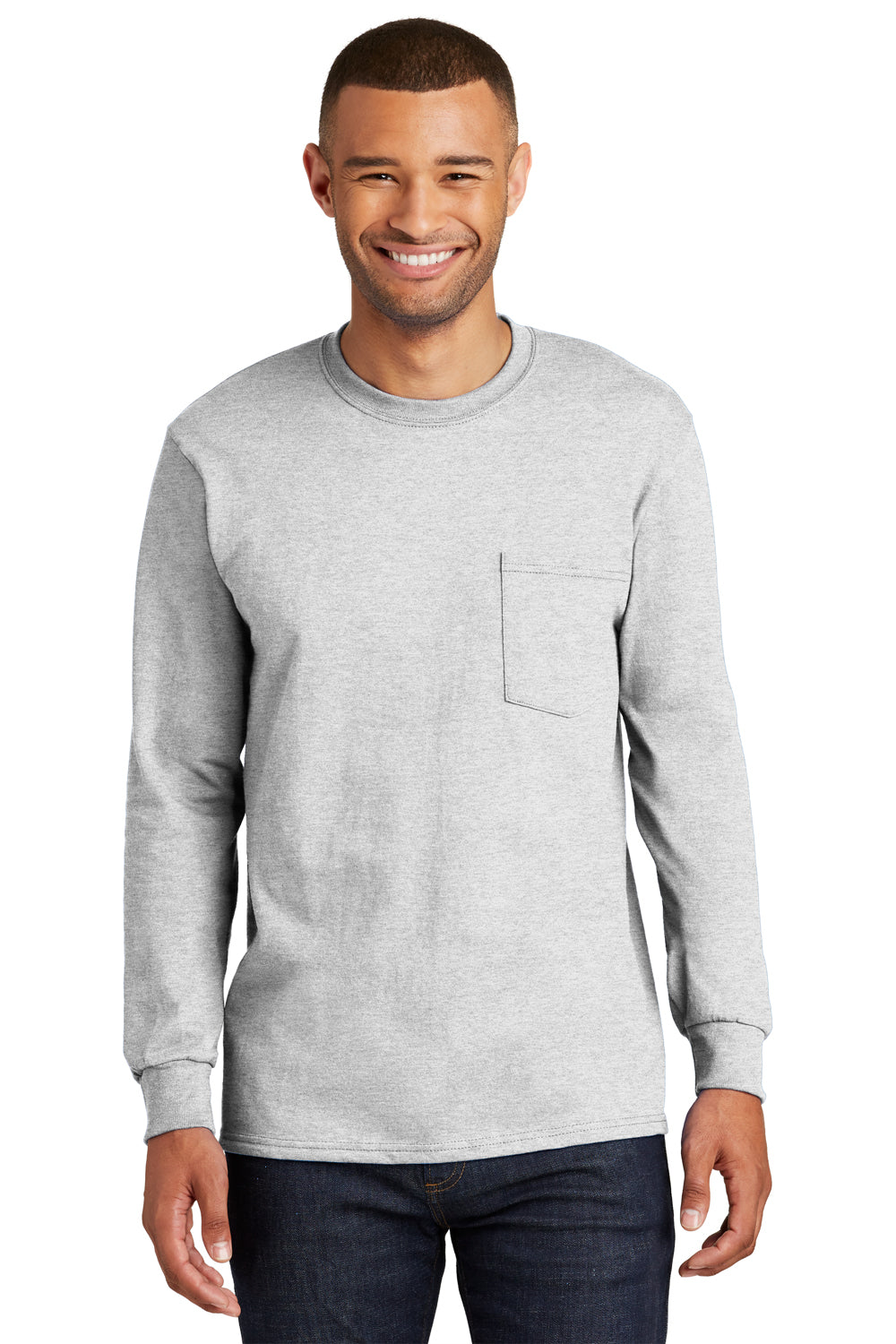 Port & Company PC61LSP/PC61LSPT Mens Ash Grey Essential Long Sleeve Crewneck  T-Shirt w/ Pocket —