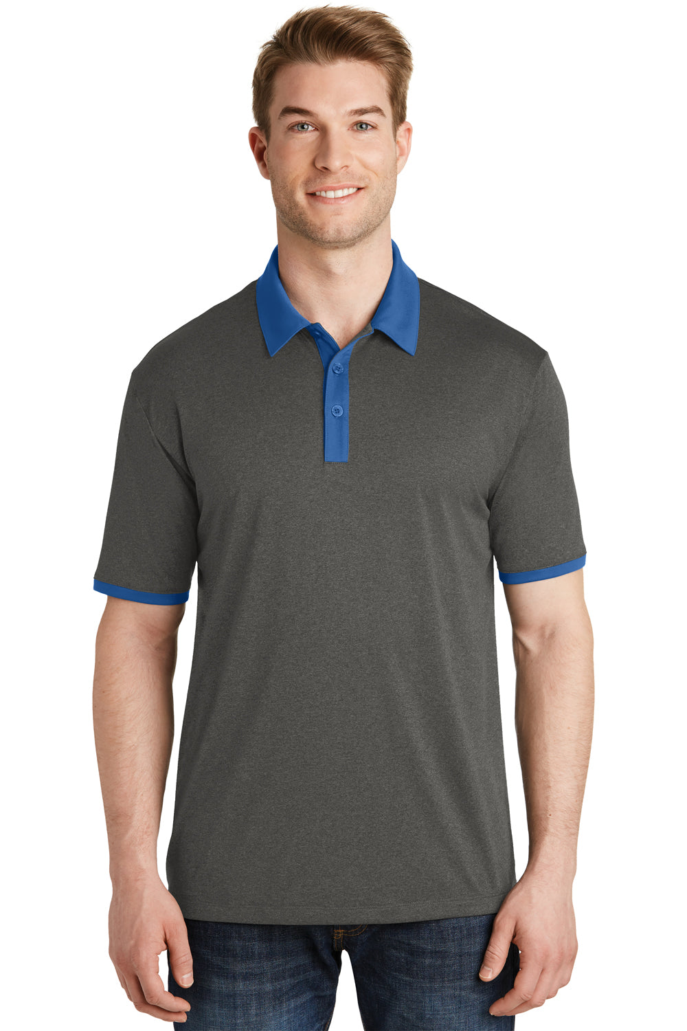 Sport-Tek ST667 Mens Heather Contender Moisture Wicking Short Sleeve Polo Shirt Graphite Grey/Royal Blue Front