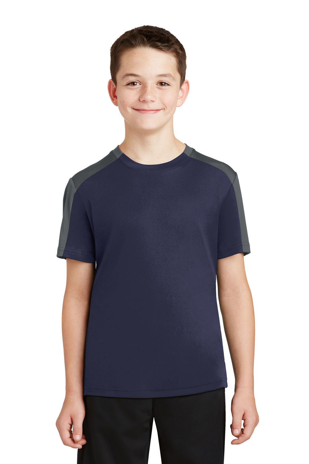 Sport-Tek YST354 Youth Competitor Moisture Wicking Short Sleeve Crewneck T-Shirt Navy Blue/Grey Front